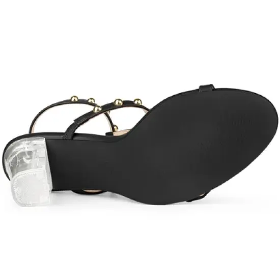 Perphy Studded Heel Ankle T-Strap Chunky Clear Heels Sandals for Women image {4}