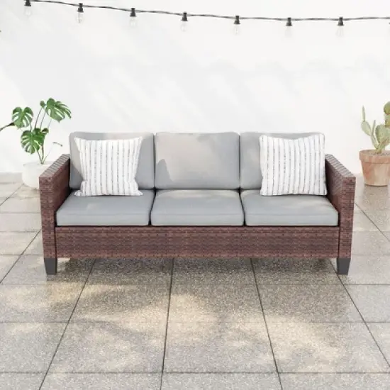 Sonkuki Outdoor Wicker Patio 3-Seat Sofa, PE Rattan Conversation Set With All-Weather Cushions image {7}