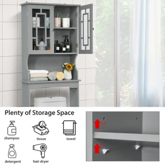 Costway Over the Toilet Bathroom Spacesaver Organizer w/ Adjustable Shelf & Doors Grey image {4}