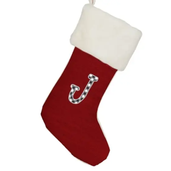 Personalization Mall Farmhouse Initial Red Christmas Stocking, Ivory Faux Fur image {9}