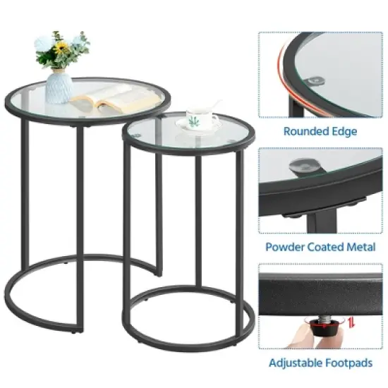Yaheetech Round Nesting End Table Set with Metal Frame and Glass Top for Living Room image {3}