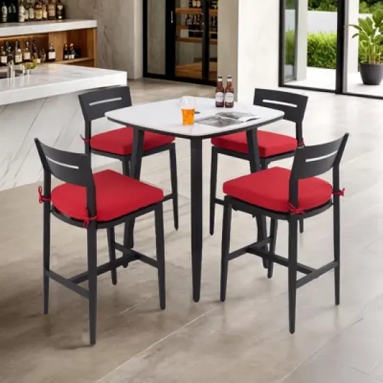 UNISOAR Modern 5PC Outdoor Patio Bar Set,Rounded Square Sintered Stone Table & 4 Swivel Bar Chairs,Non-Rust Aluminum Frame, Marble-Inspired Top image {2}