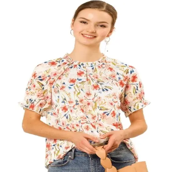 Allegra K Women's Floral Ruffled Short Sleeve Mock Neck Blouses image {9}