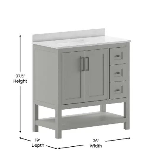 Emma and Oliver Bathroom Vanity, Single Sink Cabinet with 2 Soft Close Doors, Open Shelf and 3 Drawers, Carrara Marble Finish Countertop image {7}