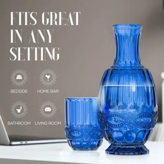 Elle Decor Bedside Water Carafe with Tumbler, 33-Ounce Pitcher and Matching Drinking Glass, Use Cup as a Lid for Carafe, Blue image {5}