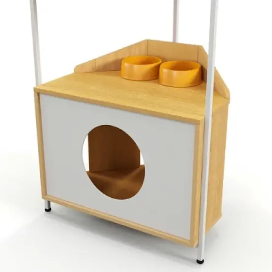 Lirago White and Oak Corner Cat Tower-58.3"H Cat Tree with Scratching Post and Feeding Station image {8}