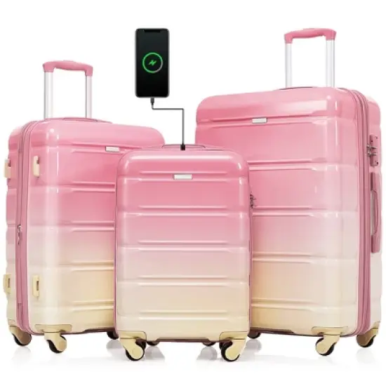 Wooakway 3-Piece 20" Pink Carry On Luggage Set with USB Port ABS PC Hard Shell Spinner Wheels Airline Approved image {10}