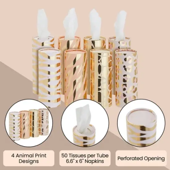 Zodaca 8 Pack Decorative 50 Count Cylinder Tissue Boxes for Car Cup Holder, Travel Carry Bag, 4 Designs (6.5 In) image {2}