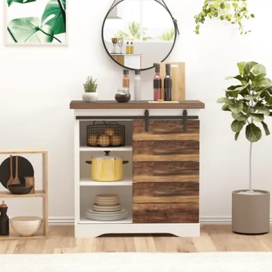 HOMCOM Rustic Farmhouse Accent Buffet Cabinet, Sideboard with Sliding Barn Door and Interior Shelves, White/Brown image {2}