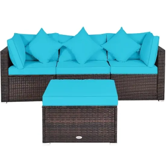 Tangkula 4-Piece Outdoor Rattan Sofa Set Sectional Conversation Couch Ottoman Turquoise/Red image {4}