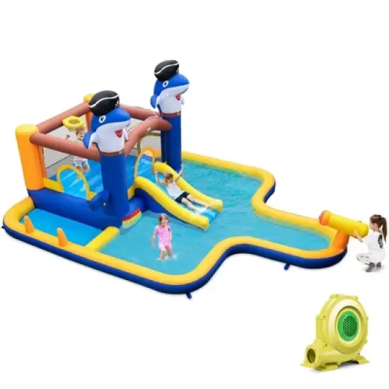 Costway Inflatable Water Slide Park Bounce House Splash Pool Water Cannon with 735W Blower image {8}