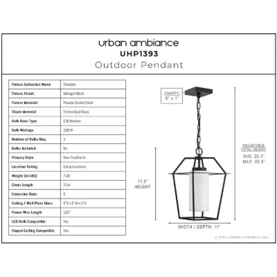 Urban Ambiance Luxury Minimalist Outdoor Pendant 17.5''H x 11''W,  Midnight Black Finish,  Chandler Collection, UHP1393 image {2}
