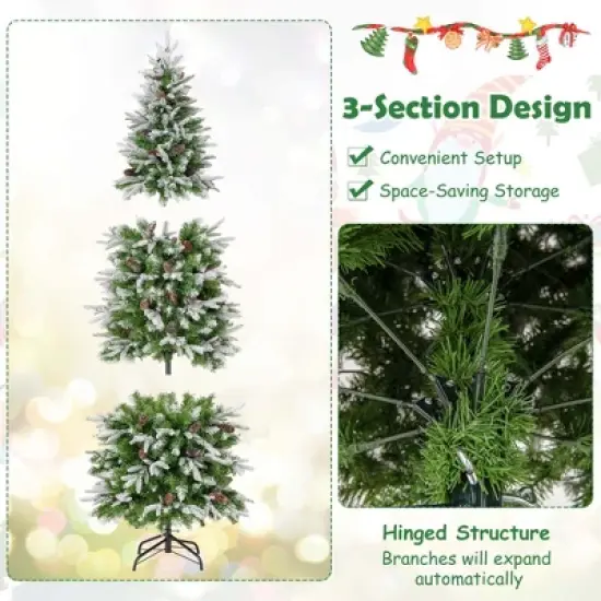 Costway 6/7.5/9 FT Flocked Christmas Tree with 671/913/1310 PE PVC Branch Tips 280/350/470 Warm White LED Lights image {6}