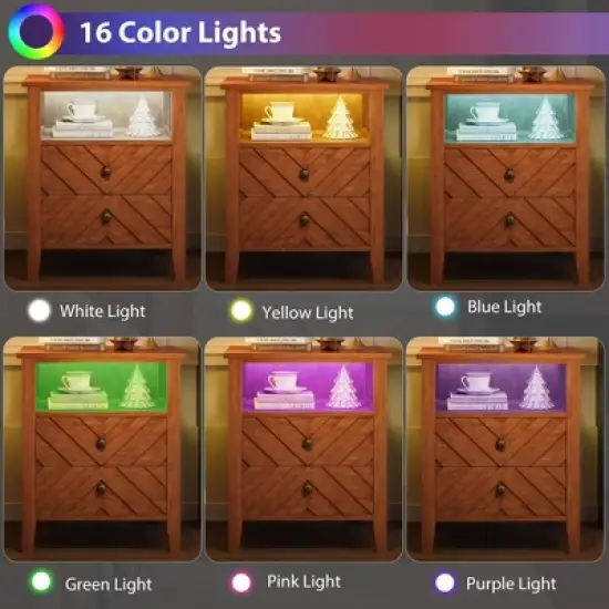 LED Night Stand with 2 Storage Drawers and Stable Wooden Legs, Farmhouse Nightstand w/V-Shaped Design & Open Storage Shelf image {3}