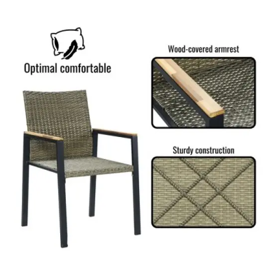 FIONECA All-Weather 7-Piece Patio Dining Set with Acacia Wood Table Top & Umbrella Hole, Brown Gray Rattan Outdoor Conversation Set image {6}