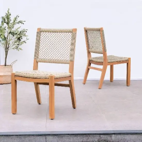Cambridge Casual Carmel 2pc Teak Wood Honey Twist Wicker Outdoor Dining Chair: Weather-Resistant, Armless image {11}