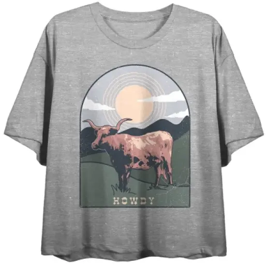 Western Howdy Cow Crew Neck Short Sleeve Athletic Heather Women's Crop T-shirt image {2}