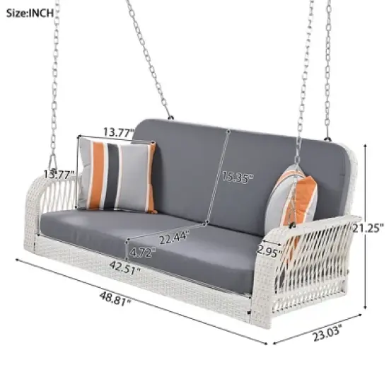 CAVINAS Swing Chair Outdoor, PE Wicker Porch Swing, 2-Seater Hanging Bench With Chains, Patio Furniture Swing, Grey+White image {2}