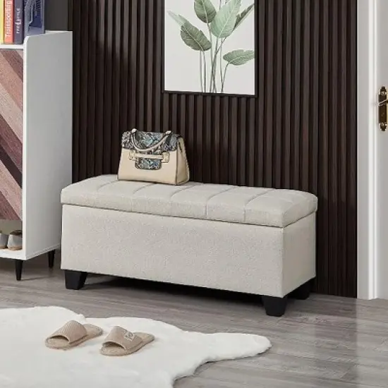 Entryway Bench Upholstered Storage Rectangular Bench, Bedroom Bed End Bench Bed Foot, Entryway Bench Light Beige Linen Fabric Plaid White image {1}