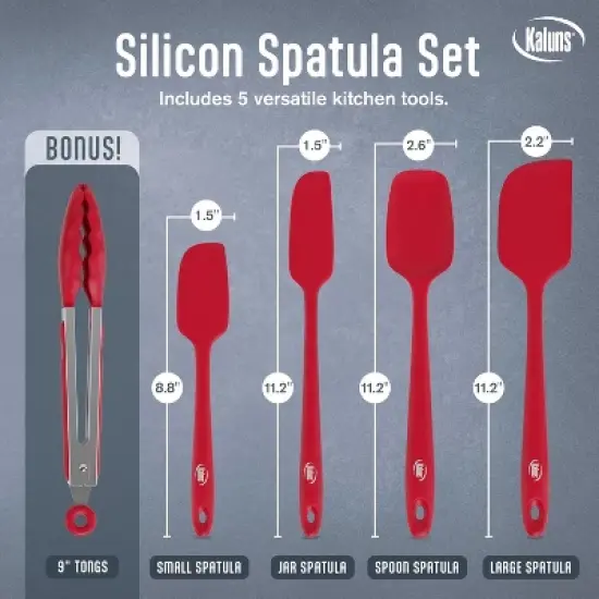 Kaluns Silicone Spatula Set, 4 Rubber Spatulas & Tong Set, Nonstick Seamless Design with Stainless Steel Core - Red image {1}