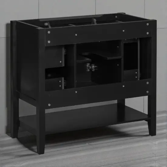 36" Freestanding Bathroom Vanity Base Only, Black Solid Wood & MDF Cabinet with 1 Door, 3 Drawers & Open Shelf, No Sink image {10}
