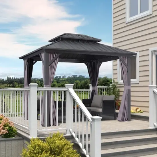 PURPLE LEAF Permanent Hardtop Gazebo Aluminum Frame Gazebo with Galvanized Steel Double Roof, UV-Resistant, Netting & Curtains included - Grey image {21}