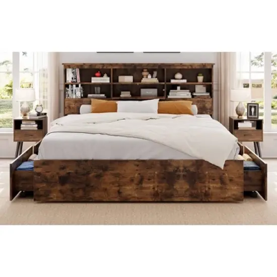 Storage Wooden Bed Frame with Bookcase Headboard and 4 Large Drawers image {1}