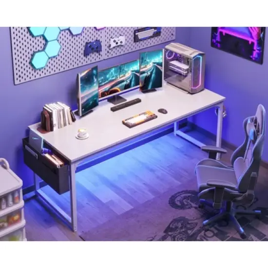 Itopfox Modern Computer Desk with Storage & Headphone Hook, Large Office Gaming Work Table, Splice Board Design, White Finish image {7}