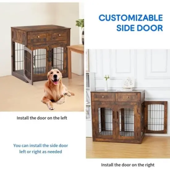 Wooden Dog Crate End Table with 3 Doors, 2 Drawers & Cushion | Furniture-Style Kennel for Small Large Breeds image {6}