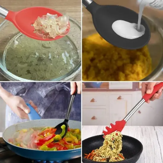 Itopfox Silicone Spatula and Cooking Spoon Set, 5-Pack Non-Stick Kitchen Utensils with Heat Resistant Stainless Steel Handle, Solid & Slotted Spoons image {4}