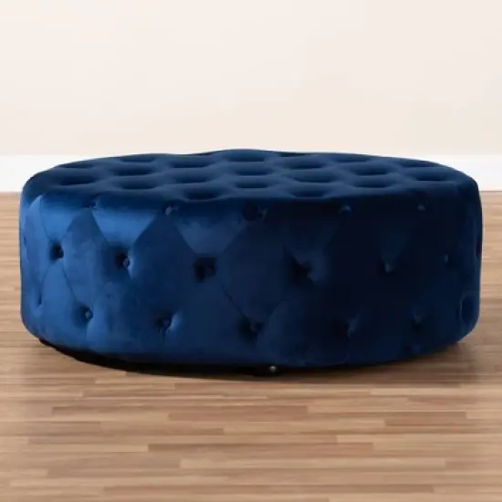 Cardiff Velvet Fabric Upholstered Button Tufted Cocktail Ottoman Blue - Baxton Studio image {4}