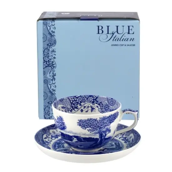 Spode Blue Italian 20oz Jumbo Cup & Saucer Set - Scenic Motif & Decorative Border - Elegant Hot Beverage Mug for Tea, Coffee image {4}