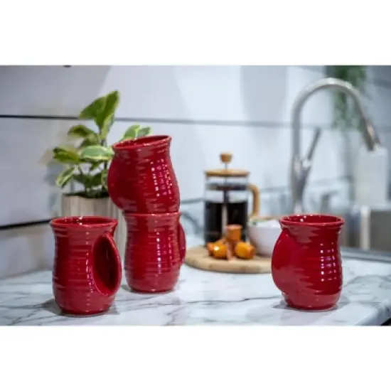 Elanze Designs Ribbed 14 ounce Ceramic Stoneware Handwarmer Mugs Set of 4, Red image {4}