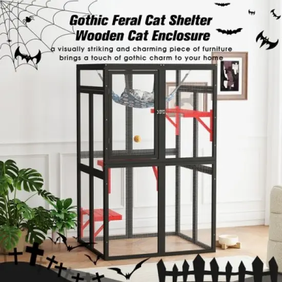Sevobal Pet Carriers, Gothic Cat Cages Indoor Enclosure with Platforms and Hammock for 1-3 Cats, Black, 39.4"*33.3"*63.8" image {1}