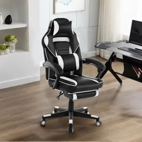 360&deg; Swivel Gaming Chair with Retractable Footrest, Adjustable Height PU Leather Computer Chair, Ergonomic Lumbar & Headrest Support for Play Room, image {1}