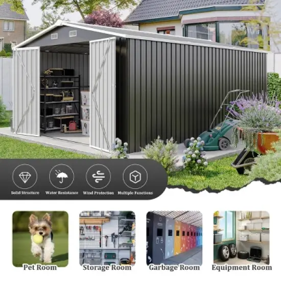 Campcraft 10x14 FT Dark Gray Outdoor Metal Storage Shed with 3 Lockable Doors,4 Vents, Utility Tool Shed for Backyard, Patio, Lawn-Cuddlewood image {2}