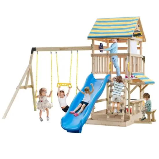 Costway Backyard Wooden Swing Set Slide Playset for Kids Outdoor Climbing Wall Sandpit image {9}