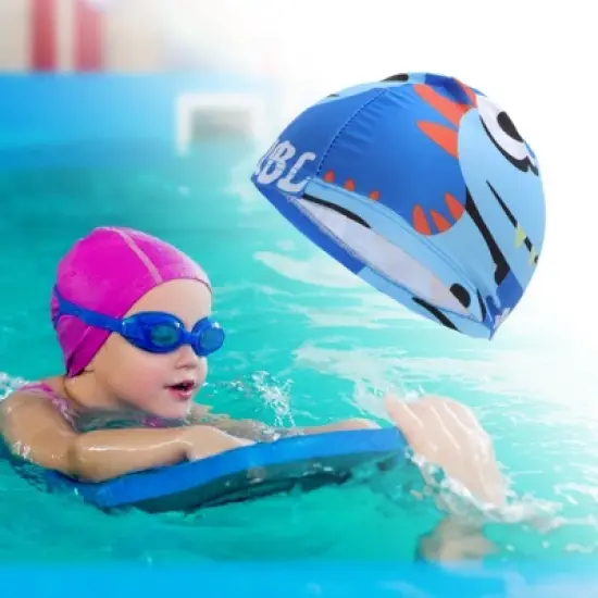 Unique Bargains Kid's Polyester Dinosaur Pattern Swim Cap Blue 1 Pc image {1}
