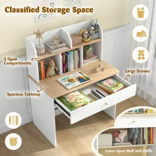 Costway Kids Wooden Study Desk Children Writing Table with Hutch & Drawer White image {6}
