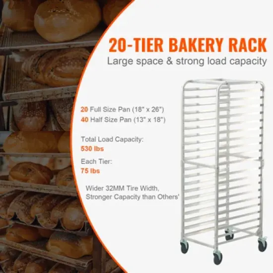 VEVOR Bun Pan Rack, 20-Tier Commercial Bakery Racks with Brake Wheels, Aluminum Racking Trolley Storage for Half & Full Sheet, 26"L x 20.4"W x 70"H image {2}