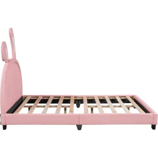 Full Size Faux Leather Upholstered Platform Bed with  Ears Headboard, Cute Kids Bed Frame, No Box Spring, Easy Assembly image {5}