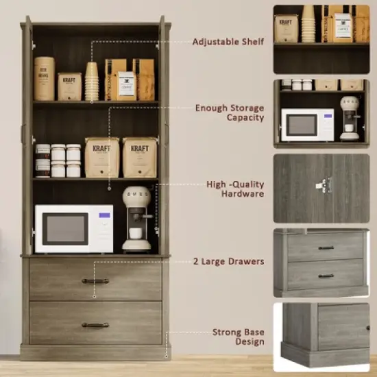 Whizmax Modern Kitchen Pantry Cabinet,Tall Wood Kitchen Storage Cabinets with Adjustable Shelves & 2 Doors & Drawers for Dining Room,Living Room image {5}