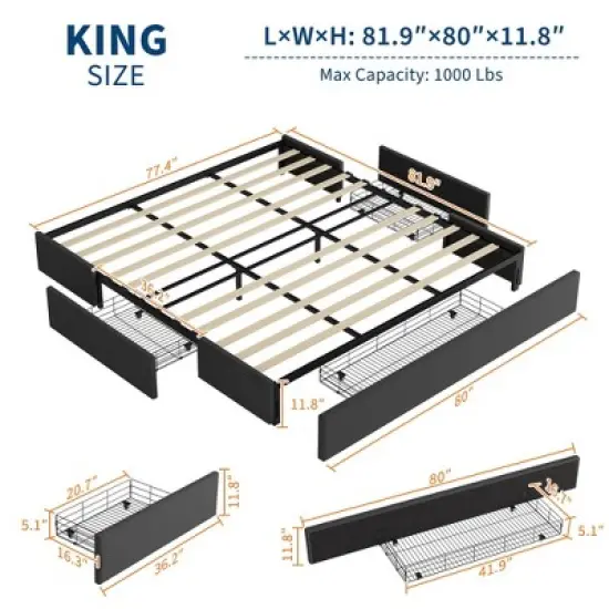 King Bed Frame with 3 Storage Drawers, Fabric Upholstered Platform Bed, Wooden Slats Support, Dark Grey image {1}