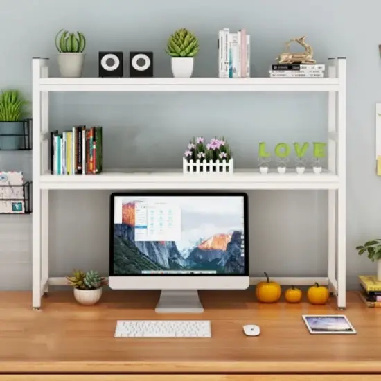 YIYIBYUS Computer Desktop Bookcase 2-Tier Multipurpose White Countertop Wood Rack Organizer image {1}