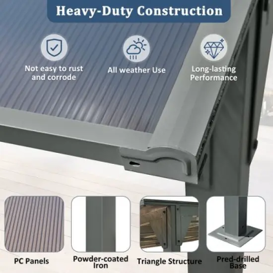 ModernLuxe 14.76 x 9.22 FT Wall-Mounted Gazebo, Outdoor Pergola with PC Roof Panels, Iron Frame, Sloped Design Shelter for Deck/Garden/Backyard, Gray image {7}