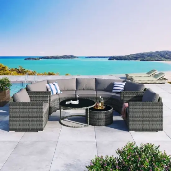 9 Piece Modern Wicker Half-Moon Patio Sectional Sofa Set,Round Rattan Garden Sofa with Cushion,Modular Wicker Patio Conversation Sets-Coolbibila image {8}