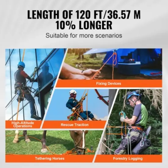 VEVOR Dual-Weave Polyester Cord, 3/8 inch by 120 feet, 48-Strand, 4000 Pound Tensile Strength, Multi-Use Rope for Arborist Activities, Orange/Black image {4}