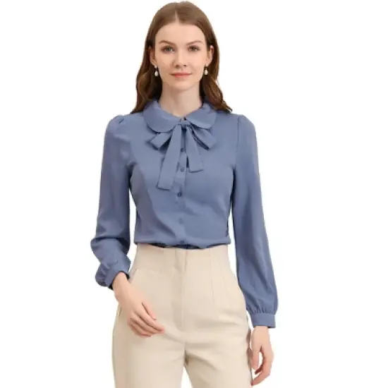 Allegra K Women's Peter Pan Collar Chiffon Bow Tie Neck Puff Sleeve Button Up Shirt image {10}