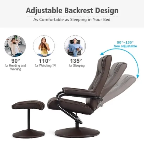 Costway Recliner Chair Swivel PU Leather Lounge Accent Armchair w/ Ottoman Brown image {5}