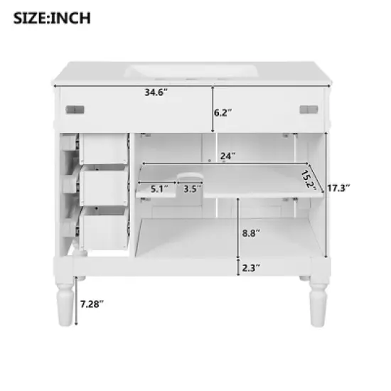 36" Bathroom Vanity with Ceramic Sink, 2 Soft Close Doors, 3 Drawers, Adjustable Shelf, Solid Wood Frame, Freestanding Storage Cabinet image {6}